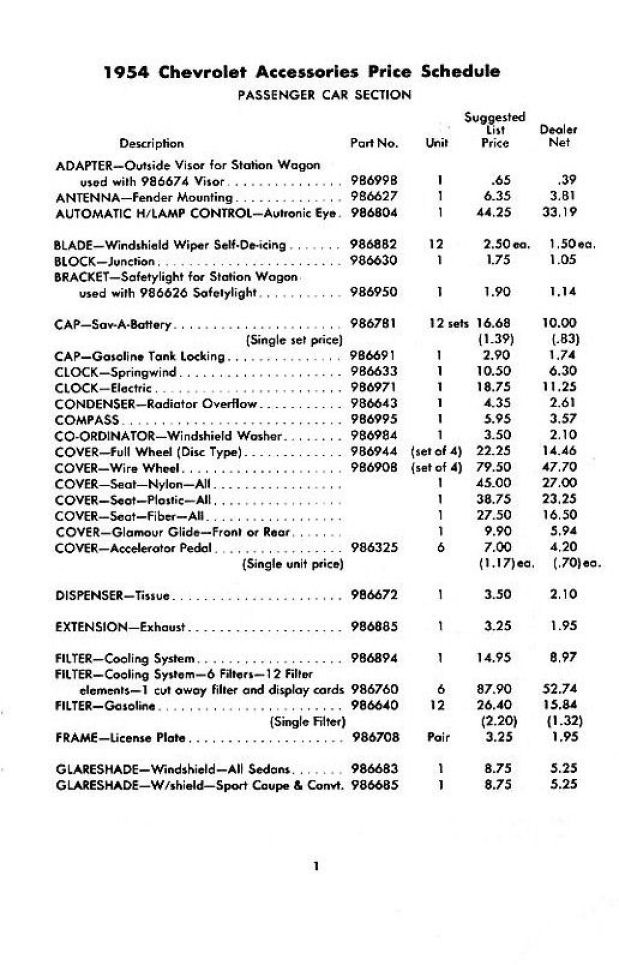 1954 Chevrolet Accessories Price List Page 7